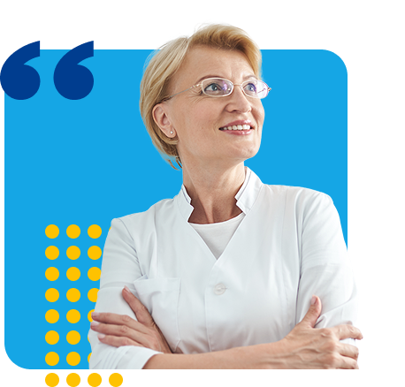 female dentist against a review graphic background